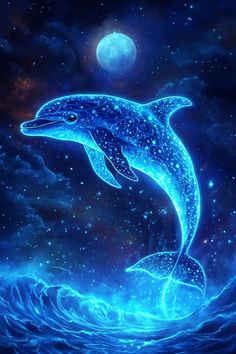 a painting of a dolphin jumping out of the water in front of a full moon