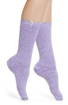 Women's Ugg Ribbed Crew Socks, Size One Size - Purple Purple Long Socks, Purple Cotton Socks For Winter, Blue Comfortable Cozy Socks, Solid Color Mid-calf Ribbed Socks, Purple Cotton Winter Socks, Ribbed Socks, Womens Uggs, Crew Socks, Socks