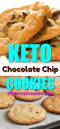 chocolate chip cookies stacked on top of each other with the words keto chocolate chip cookies