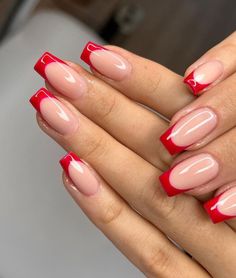 Red French Tip, Red Tips, Emerald Nails, Short French, Red Acrylic Nails, French Tip Acrylic Nails