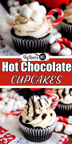 hot chocolate cupcakes with marshmallows and candy canes on top