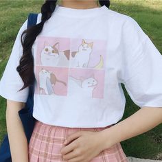 female+cartoon+cat+tops+tees+short+sleeve+casual+print+Ulzzang+clothes+kawaii+harajuku+album+dropshipping+vintage+women+T-shirt Kawaii Tshirt, Space Family, Estilo Harajuku, Kawaii Harajuku, Purple Sweatshirt, Pastel Print, Female Cartoon, Cat Top, Vintage Short