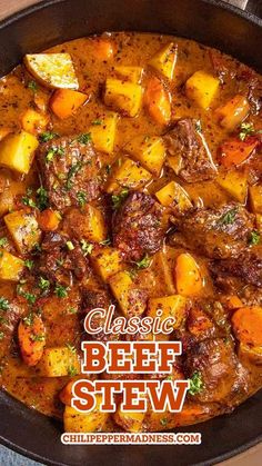 beef stew in a skillet with the words classic beef stew on it and an image of