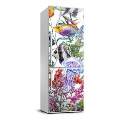 an image of a refrigerator with flowers and fish on the front, side by side