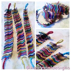 four different pictures of colorful crocheted bracelets