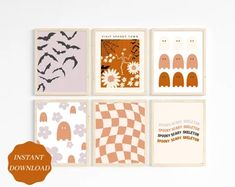 four halloween cards with different designs on them and the words instant download written in orange