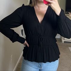 Black Blouse With V Neck From Old Navy. Never Been Worn And New With Tags. It Has A Clasp On The Vneck For Modest Cover If Wanted. Casual V-neck Blouse For Date Night, Blue Embroidered Top, Green Long Sleeve Top, White Floral Blouse, Feather Tops, Navy Blue Blouse, Navy Gingham, Navy Blouse, Gingham Tops