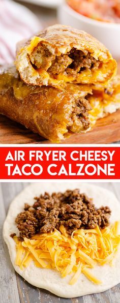 two different types of tacos with the words air fryer cheesy on them