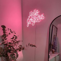 a pink neon sign that says hello gorgeous on the wall next to a potted plant