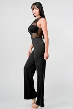 Give your LBD the night off and opt for this show stopping jumpsuit that pairs a sheer-lace bustier bodice and flow-y wide-leg satin pants. • Ruched Bodice• Sheer Bodice• Back Zipper• Bralette• Wide Leg Chic Sheer Evening Pants, Chic Sheer Pants For Evening, Sheer Fitted Evening Pants, Fitted Sheer Evening Pants, Fitted Sheer Pants For Evening, Chic Sheer Pants For Night Out, Chic Sheer Evening Jumpsuits And Rompers, Party Strapless Stretch Jumpsuit With Wide Leg, Party Strapless Wide Leg Stretch Jumpsuit