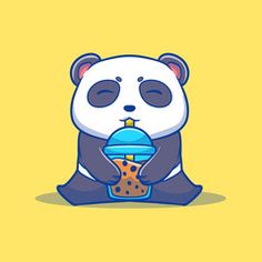 a panda bear sitting on the ground holding a blue object in its mouth and eating it