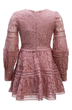 Fabric-covered buttons fall down the front of this long-sleeve party dress covered in soft lace that'll keep your kiddo looking their best. Stretch lining 45% cotton, 40% polyamide, 15% viscose Hand wash, line dry Imported Pink Long Sleeve Dress With Ruffles For Fall, Scalloped Lace Long Sleeve Dress, Fitted Lace Dress With Ruffles For Fall, Fitted Long Sleeve Mini Dress With Scalloped Lace, Fitted Long Sleeve Dresses With Scalloped Lace, Long Sleeve Scalloped Lace Dress For Party, Fitted Long Sleeve Dress With Lace Trim For Spring, Long Sleeve Scalloped Lace Dress, Party Mini Dress With Long Lace Sleeves