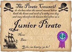 an award certificate with pirate symbols and a purple ribbon on it's front side