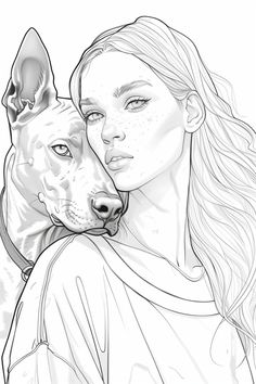 a drawing of a girl and her dog with their faces close to each other, in black and white