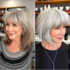 Voluminous bob with layers and side bangs for this year Bobs Side Part, Bobs With Side Bangs, Grey Bobs, Voluminous Bob, Side Part Bangs, Bob With Layers, Grey Hairstyle