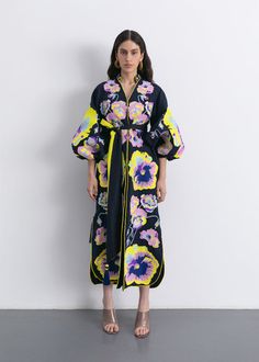 Luxurious Violet/Neon Yellow Lilies Women's Maxi Caftan Yuliya Magdych Spring Folk Style Kaftan With Geometric Embroidery, Folk Style Multicolor Embroidered Kimono For Spring, Embroidered Folk Style Kaftan For Spring, Spring Folk Style Embroidered Kaftan, Traditional Floral Print Spring Kaftan, Traditional Spring Floral Print Kaftan, Traditional Floral Print Kaftan For Spring, Spring Multicolor Cotton Kaftan, Multicolor Cotton Kaftan For Spring