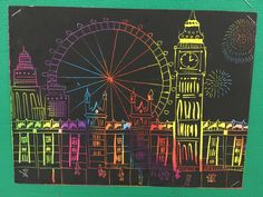 a chalk drawing of a city with a ferris wheel in the background and fireworks on the sky