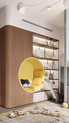 a living room filled with furniture and a yellow swing in the middle of it's wall