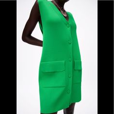 Nwt! Zara Knit Green Sleeveless Dress With V-Neckline. Front Patch Pockets With Flaps. Front Closure With Tonal Lined Buttons. Size M. Chic Green V-neck Sweater Dress, Green V-neck Sweater Dress For Spring, Summer Knit Workwear Dresses, Knit Summer Workwear Dresses, Summer Knit Dresses For Work, Sleeveless Knit Dress By Zara, Zara Sleeveless Knit Dress, Zara Knit Mini Dress For Spring, Zara Sweater Dress For Summer