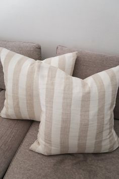 two pillows sitting on top of a couch