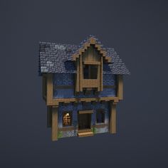 a house made out of wood and blue paint on the roof, with a chimney