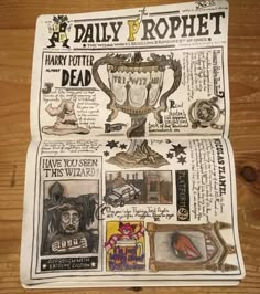 an old newspaper with pictures and words on the front page that says, daily prophet harry potter is dead