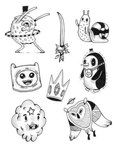 some cartoon characters are drawn in black and white