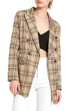 Amp up your work day style with this plaid double-breasted blazer featuring peaked lapels and flap pockets for a polished vibe. 28" length (size Small) Double-breasted button closure Peaked lapels Front flap pockets Lined 98% polyester, 2% elastane Dry clean Imported Classic Plaid Blazer With Double Button Closure, Beige Double-breasted Blazer With Double Button Closure, Plaid Double-breasted Outerwear With Button Fastening, Double-breasted Plaid Blazer With Double Button Closure, Plaid Double-breasted Outerwear With Button Closure, Breasted Blazer, Double Breasted Blazer, Flap Pocket, Nordstrom Rack