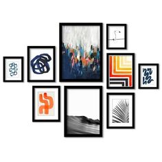 an assortment of framed art hanging on the wall