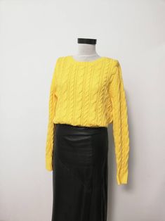 Beautiful yellow sweater made of 100% cotton very good condition, like new.  Distance between shoulders 40 cm Length  67 cm Sleeve length 65 cm Bust 100 cm Fits a modern S or M. The mannequin on photo is a D36. Yellow Cable Knit Sweater, Sleeves Sweater, Vintage Cardigan, Sweater Vintage, Yellow Sweater, Sweater Making, Cable Knit Sweater, Cotton Knit, Womens Clothing Tops