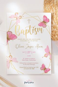 Self-editable 5x7" invite - follow the link for details and free demo! ♦ Easily edit online in your browser then download and print or send digitally ♦ Create a memorable event, starting with this elegant pink gold butterfly invite, perfect for a girl’s baptism party ♦ #pinkgoldbaptism #pinkbaptism #baptisminvitations #baptisminvitegirl #girlbaptism #invitations #butterflybaptism #butterfliesinvite #butterflyinvitation #girlbaptisminvite #invitationsgirl Baptismal Invitation Free Printable Girl, Butterflies Template, Baptismal Invitation, Pink And Gold Butterfly, Baptism Decorations Girl, Baptism Themes, Christening Invitations Girl