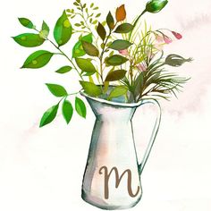 a watercolor painting of flowers in a pitcher with the letter p painted on it