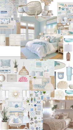 a collage of blue and white bedroom decor