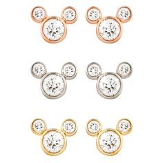 Diamonds reflect Mickey's sparkling personality with this dazzling pair of Mickey Mouse Earrings. The post earrings feature three diamonds in a 18 karat gold Mickey icon setting, available in a choice of tones. Mouse Earrings, Mickey Earrings, Diamond Icon, Mickey Mouse Earrings, Disney Jewelry, Disney Wedding, Disney Merchandise, Disney Accessories, Women Diamond