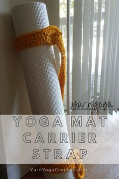 the yoga mat carrier strap is crocheted in yellow and white yarn with an orange band