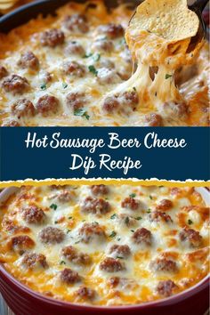 hot sausage beer cheese dip recipe in a red casserole dish