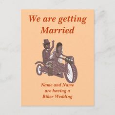 we are getting married card with an image of a man and woman on a motorcycle