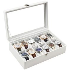 PRICES MAY VARY. CLASSIC DESIGN: The watch case has a white faux leather cover, With a clear glass lid, Both the lining and the case use the same color white to form a neat and tidy, mental clasp that shines brightly, looks very classic and Minimalism. CONVENIENCE: The clear glass top of this watch storage ensures that you can easily pick out a watch to go with your outfit. Perfect for personal use or business use, protect your watch collection from dust and scratches. SAFETY: This watch box can Business White Rectangular Watch Accessories, Classic Adjustable White Watch Accessories, Classic White Adjustable Watch Accessories, Modern White Rectangular Watch Accessories, White Rectangular Business Watch, Modern White Watch Accessories As Gift, White Rectangular Watch For Gift, Rectangular White Watch As Gift, Rectangular White Watch Gift