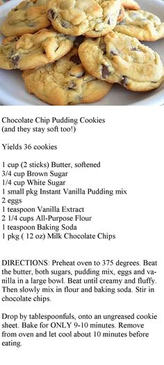 the recipe for chocolate chip pudding cookies is shown on a white plate and has information about it