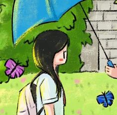 a drawing of a girl holding an umbrella and another person with a butterfly on it