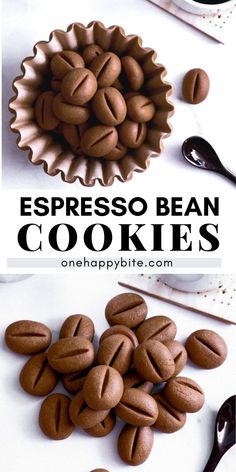 espresso bean cookies on a white table with spoons and utensils