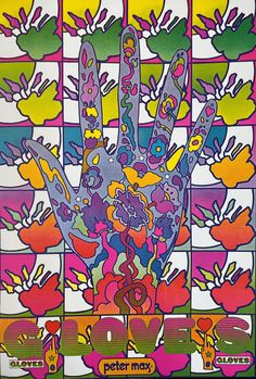 a poster with an image of a hand and flowers in the middle, on a colorful background