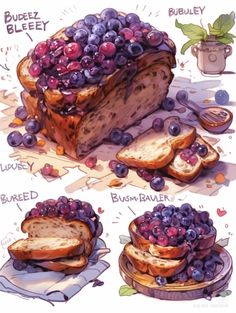 some bread with grapes on it and other food items around the loafs that are cut in half