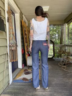 "How about a pizza dat a$$?? With these rare vintage indigo denim pizza pants! Big embroidered back pocket, straight leg fit, dark dark wash. In excellent condition with snap button and zipper closure. Waist: 26\" Hips: 33\" max, best for 32\" Rise: 11\" Inseam: 30\" Model is 5'7\" and 116 lbs with measurements of 30x24x34. These were slightly small in the hips." Embroidered Dark Wash Mid-rise Bottoms, Embroidered Mid-rise Dark Wash Bottoms, Fitted Embroidered Flare Jeans With Straight Leg, Fitted Dark Wash Embroidered Jeans, Fitted Embroidered Dark Wash Jeans, Embroidered Fitted Wide Leg Jeans, Embroidered Wide-leg Fitted Jeans, Embroidered Dark Wash Straight Leg Bottoms, Embroidered Straight Leg Dark Wash Bottoms