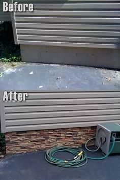 the before and after pictures of an old air conditioner in front of a house