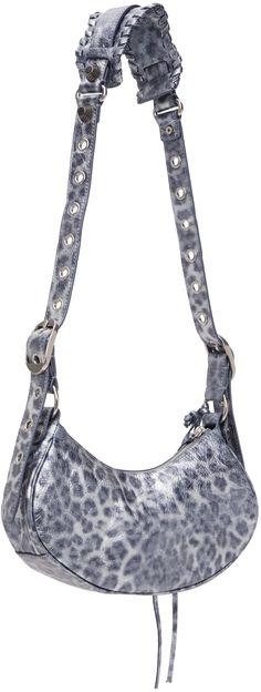 Metallized crinkled Arena lambskin shoulder bag in silver tone. · Leopard pattern printed throughout · Adjustable crossbody strap · Detachable mirror at strap · Studs and pin-buckle hardware at face · Gathering at face · Zip closure · Cotton canvas lining · Antiqued silver-tone hardware · H5.5 x W9.5 x D2.5 Supplier color: Dark grey Silver-tone Crossbody Shoulder Bag, Silver Leather Shoulder Bag As Fashion Accessory, Silver Designer Shoulder Bag With Detachable Strap, Evening Shoulder Bag With Palladium Hardware In Metallic Silver, Metallic Silver Shoulder Bag With Palladium Hardware For Evening, Designer Silver Textured Leather Shoulder Bag, Metallic Shoulder Bag With Silver-tone Hardware, Silver Shoulder Bag With Detachable Strap, Silver Crossbody Shoulder Bag