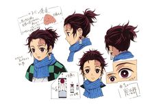 anime character with different facial expressions and hair styles, including the eyes and scarfs