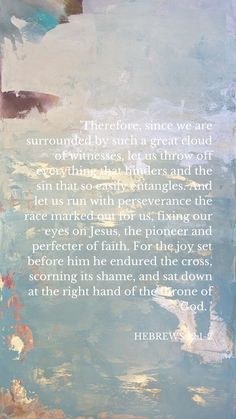 an abstract painting with a bible verse written in white on the bottom and blue background