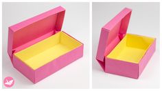 three different views of the inside of a pink and yellow box with two sections cut out