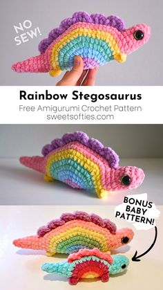 rainbow stagosauruss are made from crochet and yarn